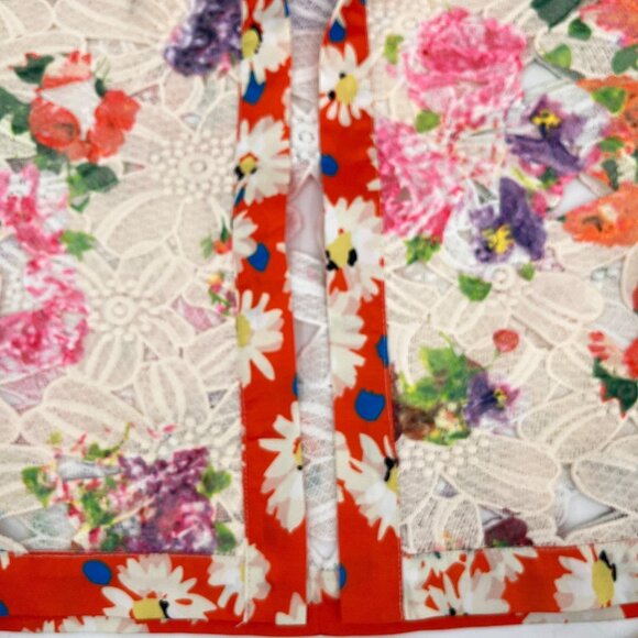 Michael Simon Floral Lace Silk Trim Jacket Size P L Orange Red Sheer Lightweight - Picture 11 of 16
